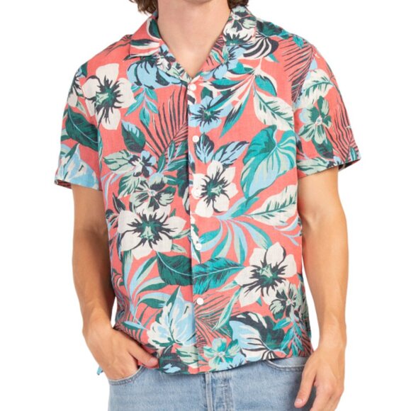 NEW C&C CALIFORNIA Linen Short Sleeve Printed Camp Shirt sugar coral for man 253 - Picture 5 of 6